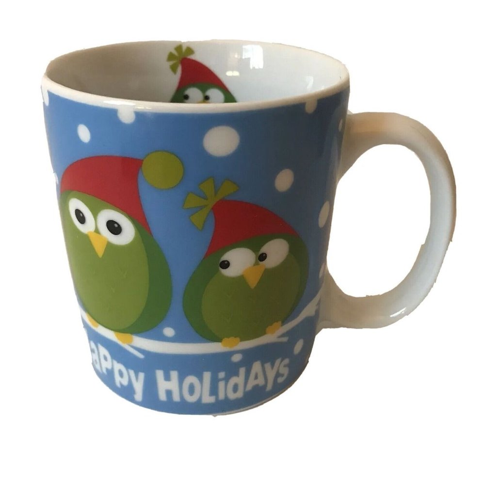 Pier One‎ Happy Holiday Owls ceramic mug blue Christmas snow coffee tea seasonal